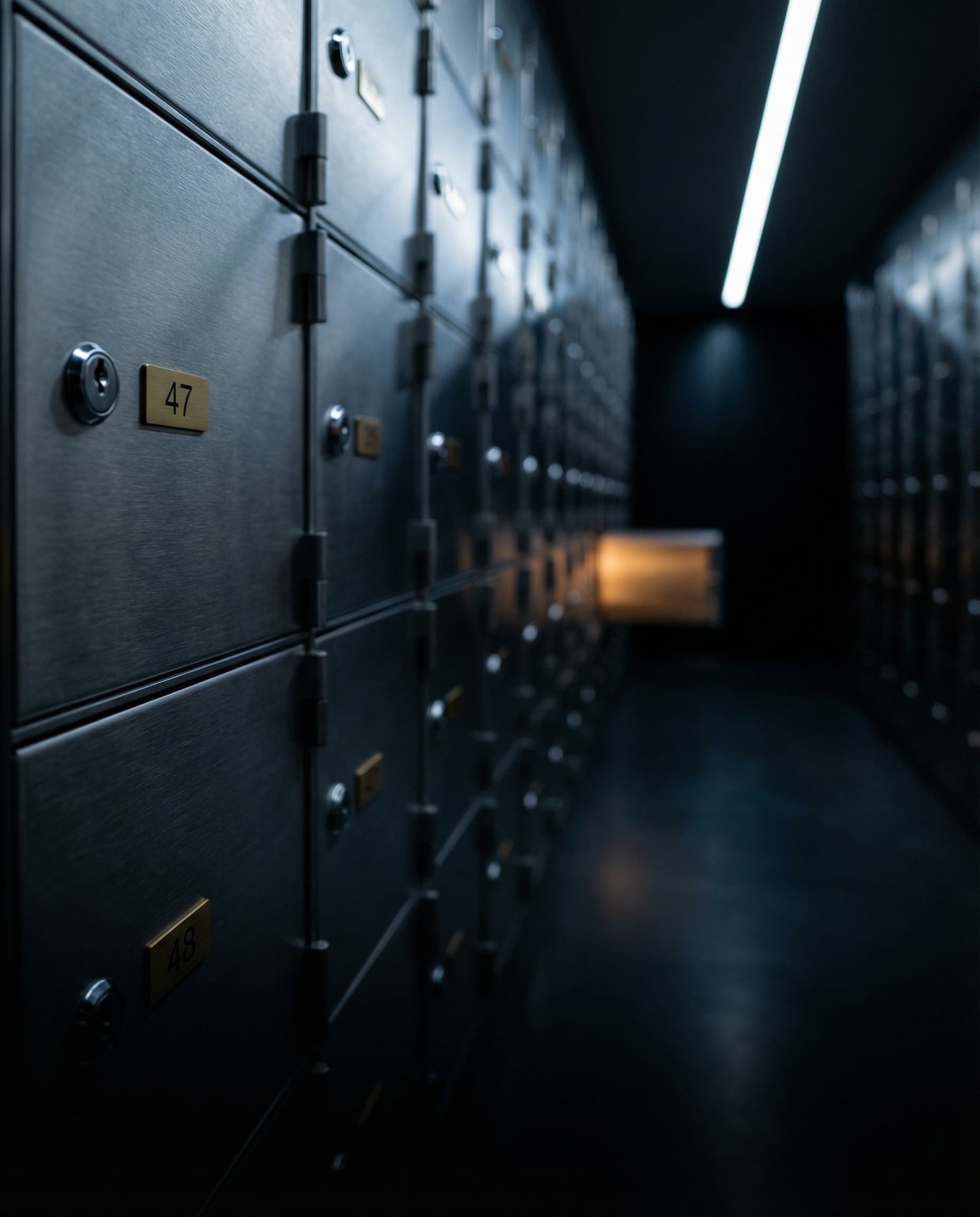 Vault corridor lined with safe deposit boxes, dramatic lighting illuminating a single open drawer