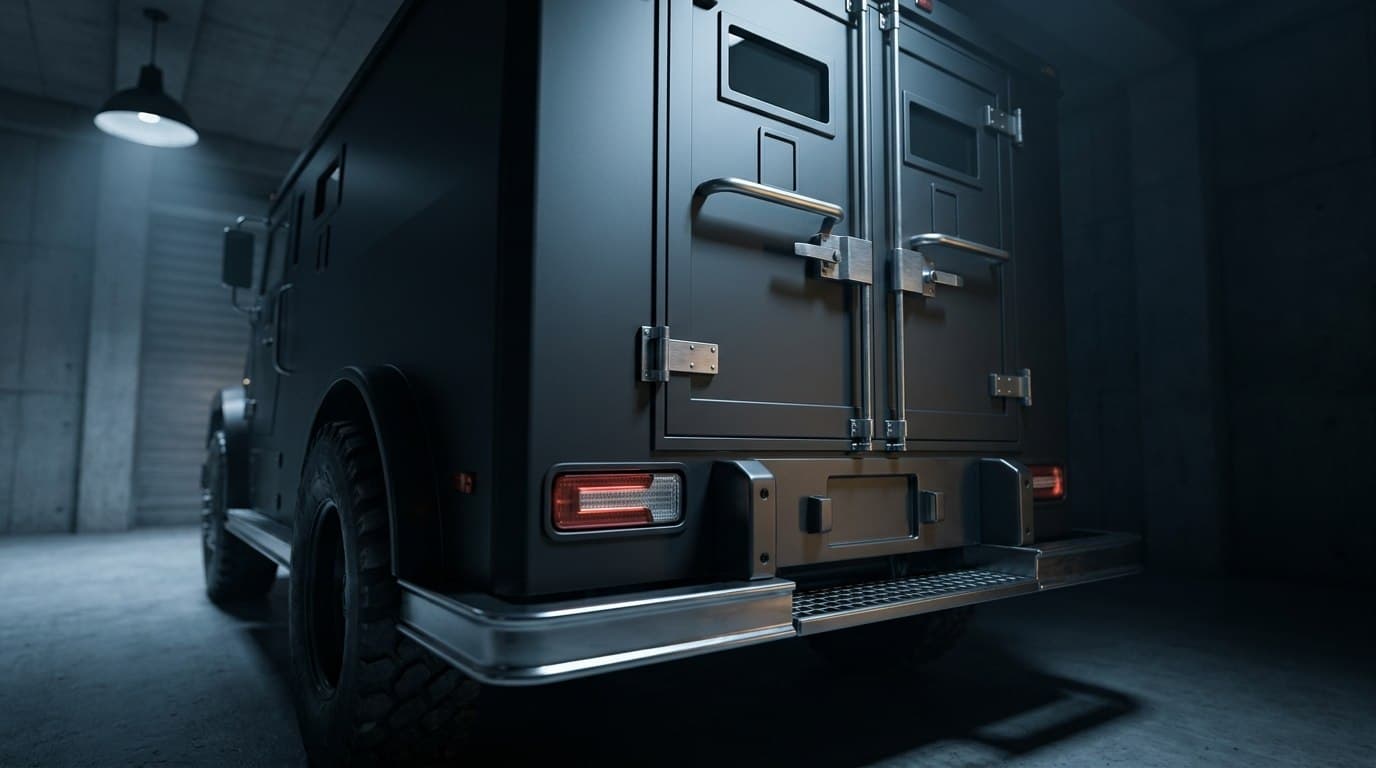 Armoured transport vehicle docked at secure vault loading bay